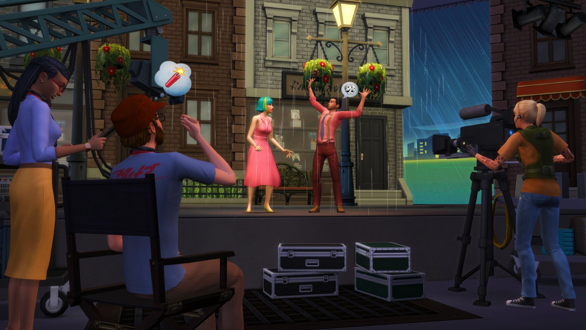 Los Sims 4 Hombre y mujer actuando en el set de filmación
