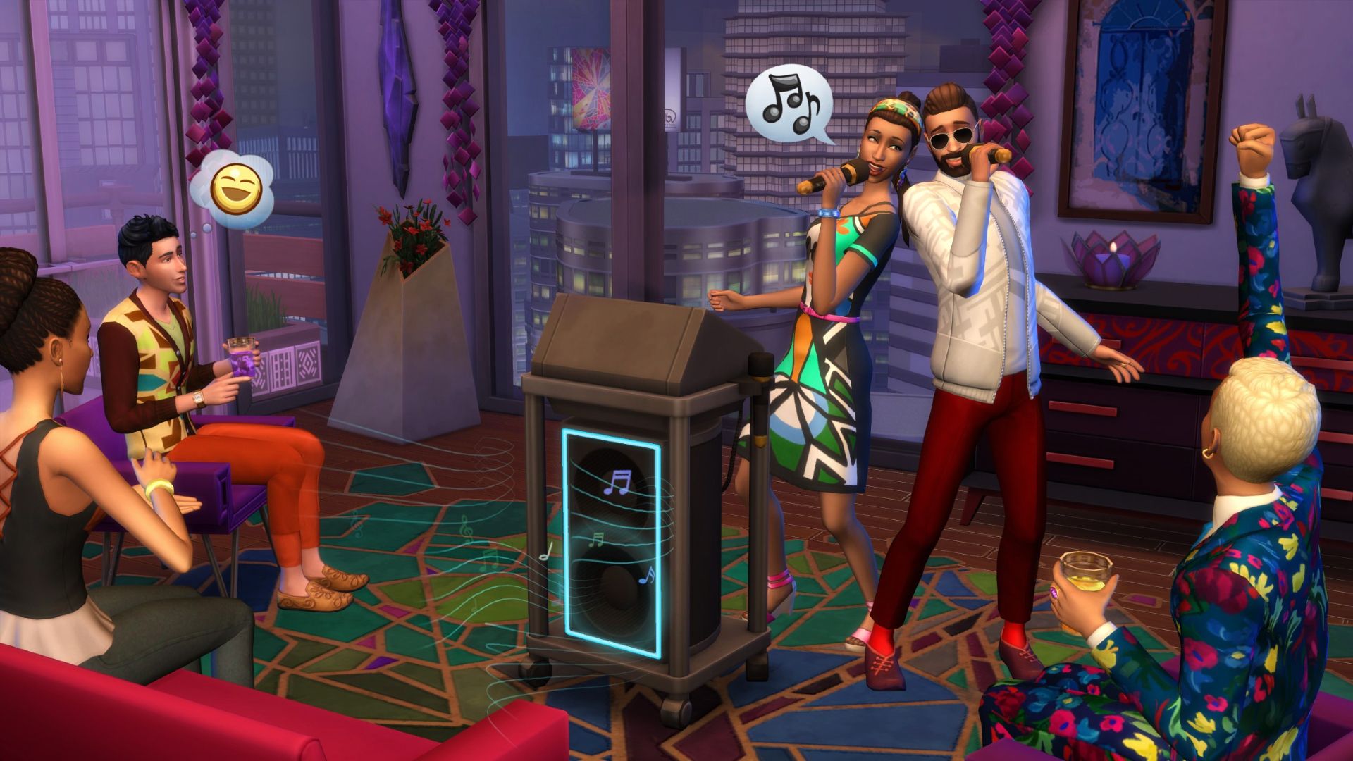 Los Sims 4 Hombres y mujeres cantando durante una fiesta en un apartamento de gran altura