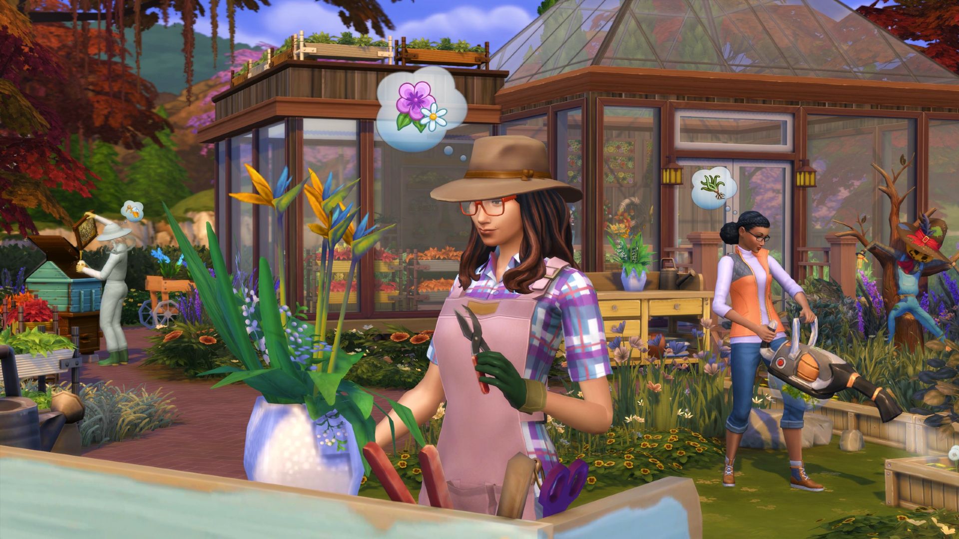 Los Sims 4 Sim mejora la habilidad de jardinería podando flores con podadoras al aire libre
