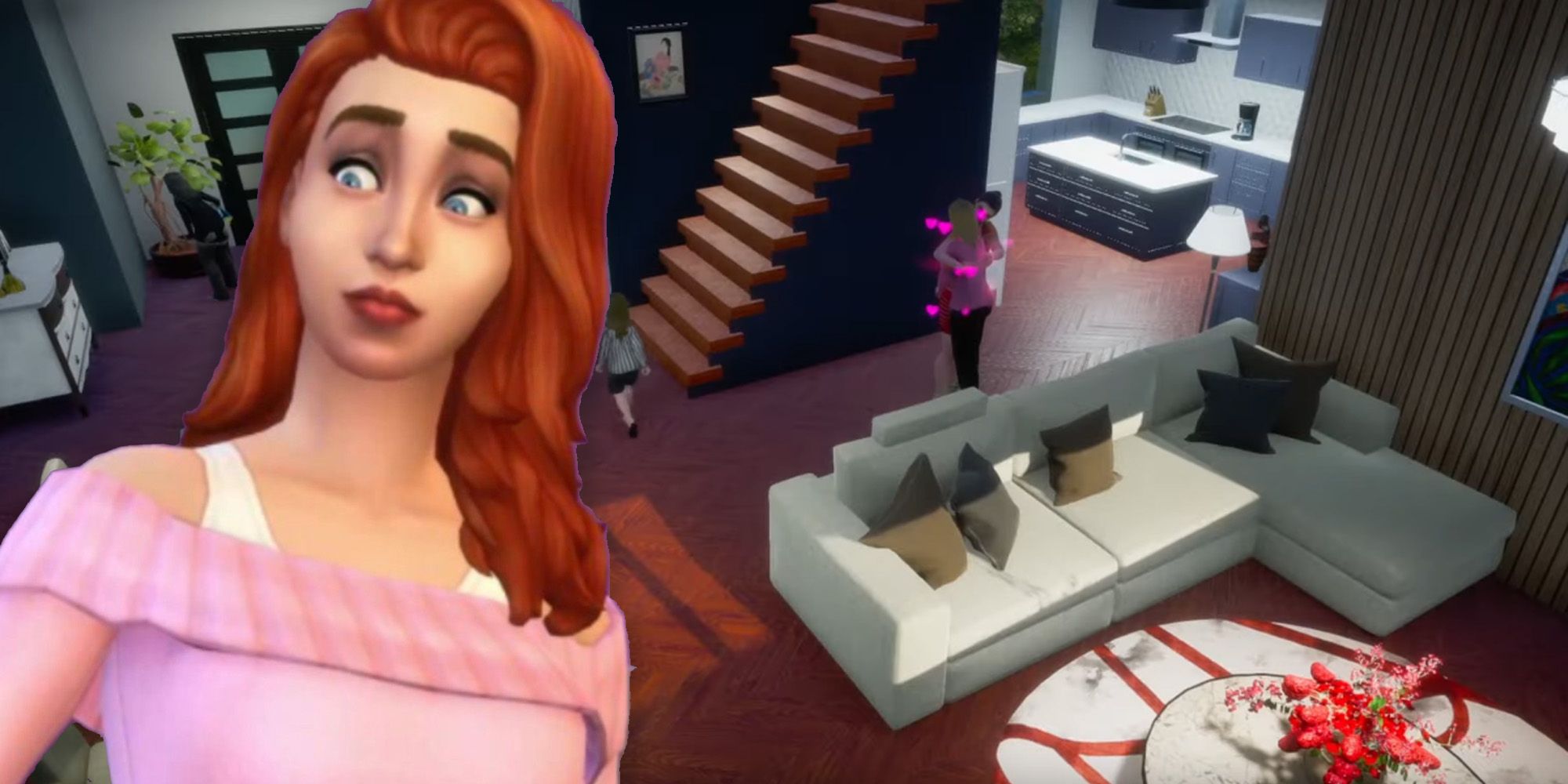 Red-haired woman from The Sims superimposed on a screenshot of upcoming life sim game Life By You.