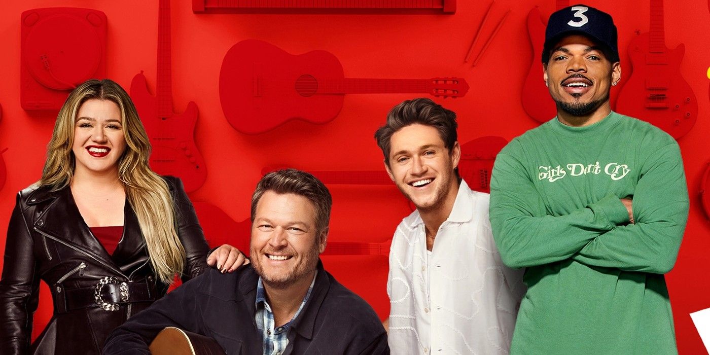 The Voice season 23 coaches, Blake Shelton, Kelly Clarkson, Niall Horan, and Chance the Rapper montage red background