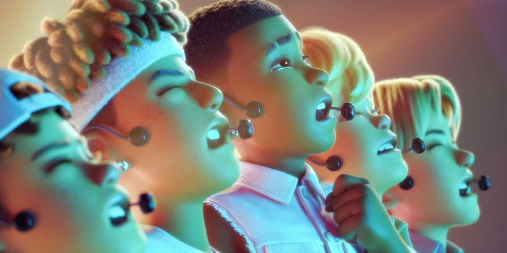 The 4Town boy band standing in a line and singing in Turning Red