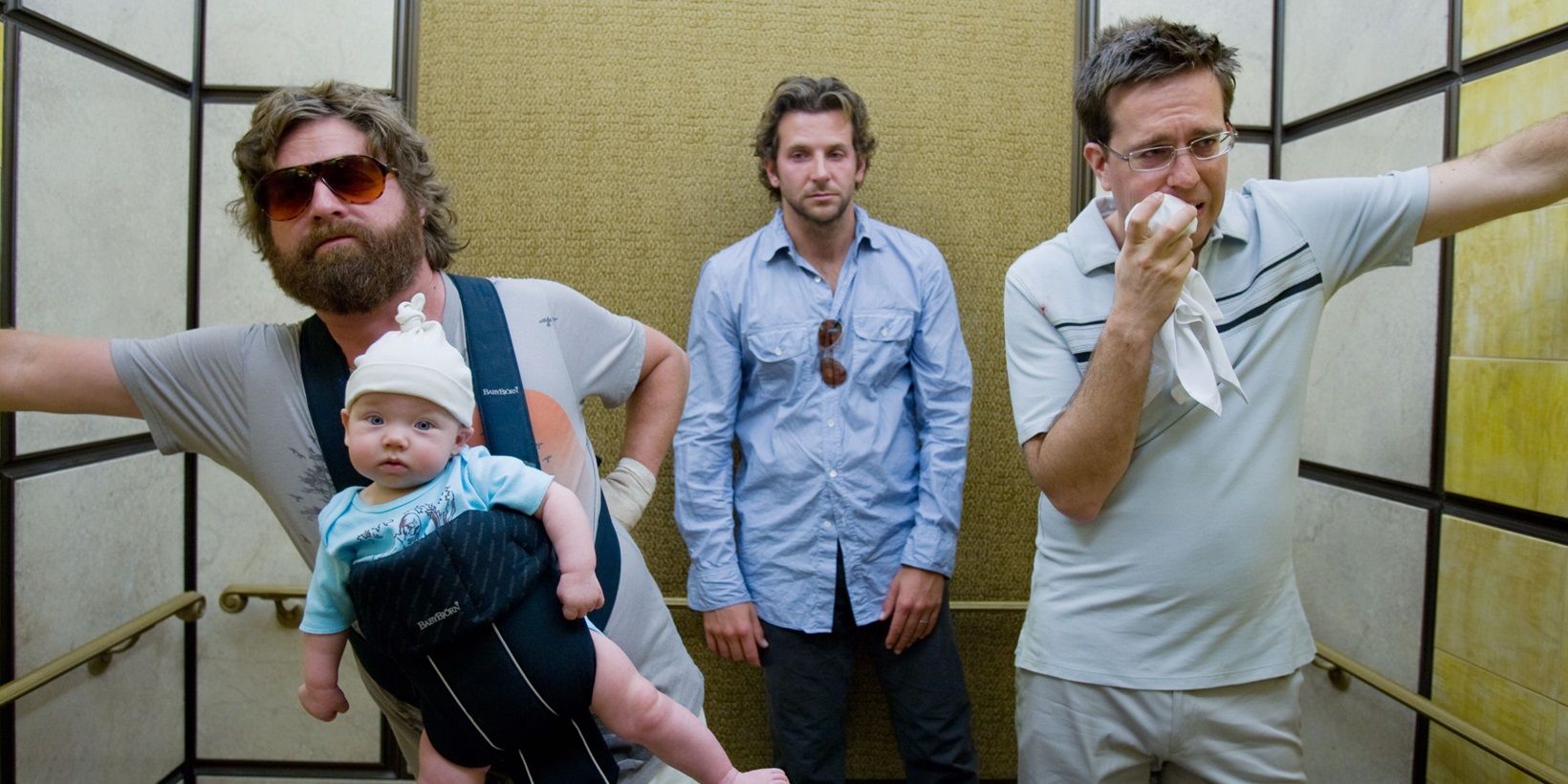 The Wolf Pack in an elevator in The Hangover