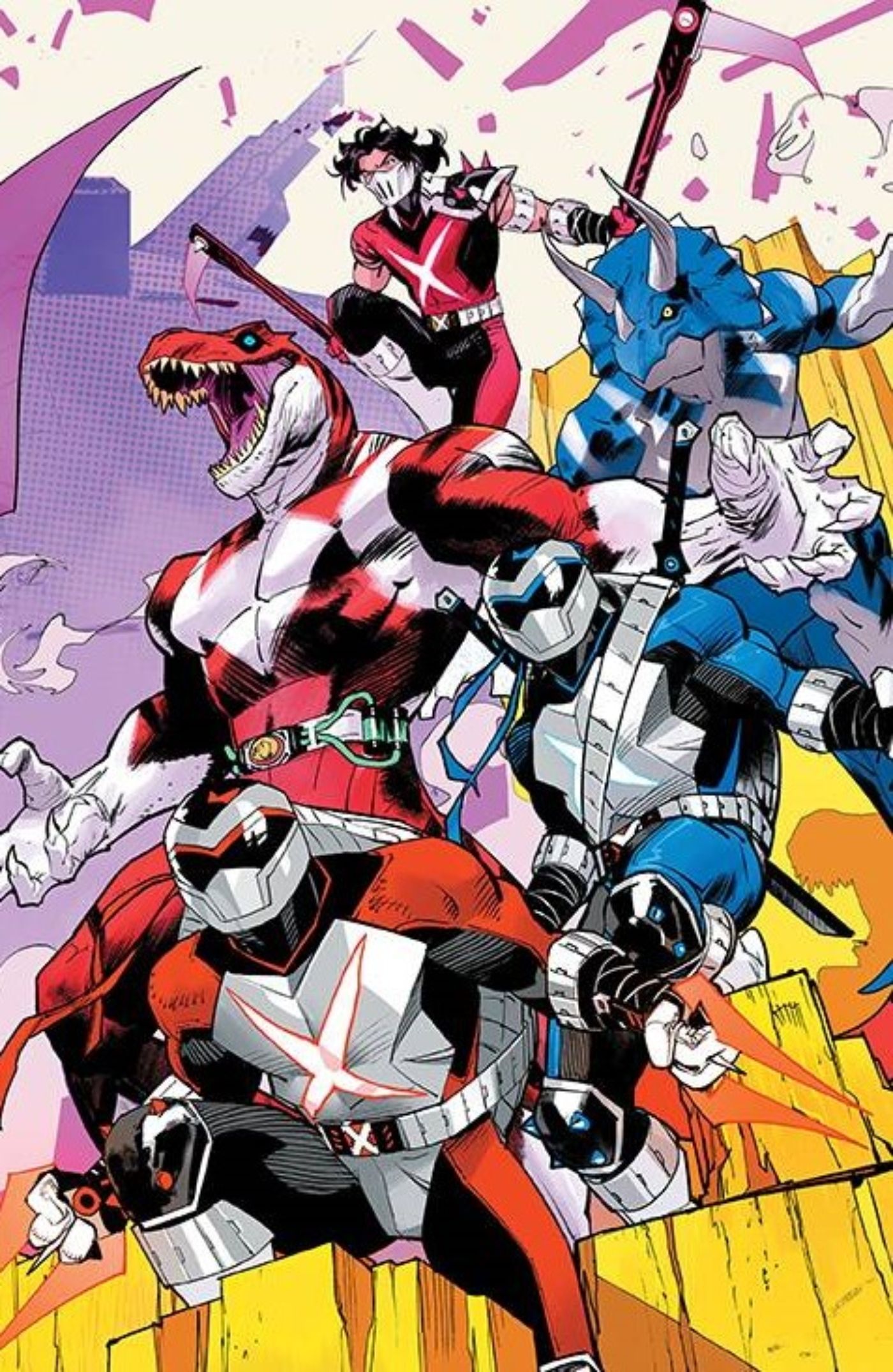 TMNT e os Mutant Power Rangers lutando.