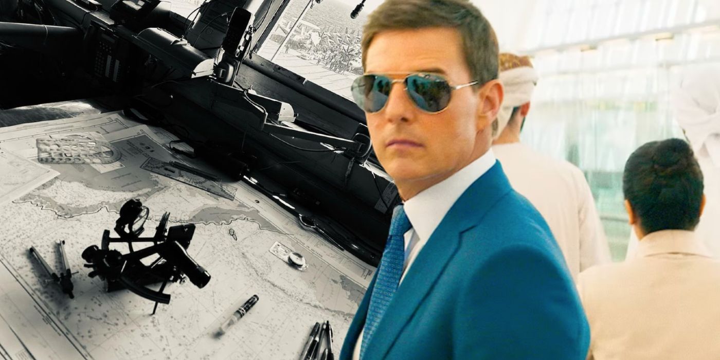 Custom image of Tom Cruise in Mission: Impossible 7 and a behind-the-scenes image of a map in Mission: Impossible 8.