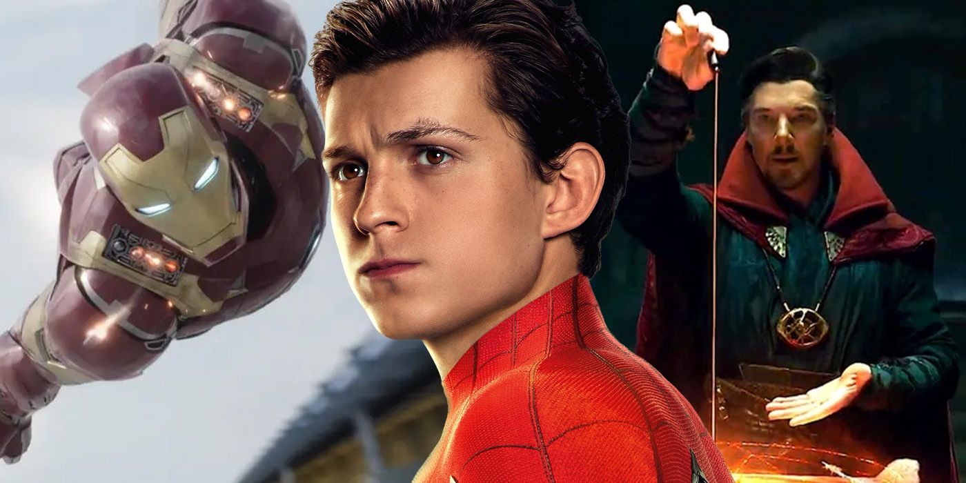 tom holland as peter parker aka mcu spider-man with iron man and doctor strange