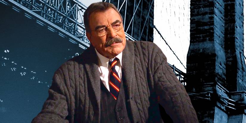 Tom Selleck as Frank Reagan in front of the bridge from the Blue Bloods poster