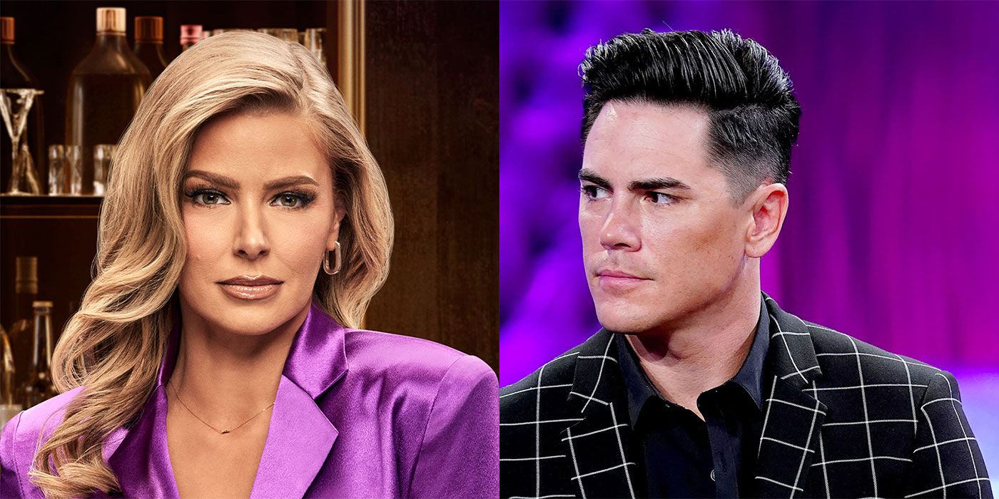 Tom Sandoval and Ariana Madix from Vanderpump Rules in two side by side images both dressed up