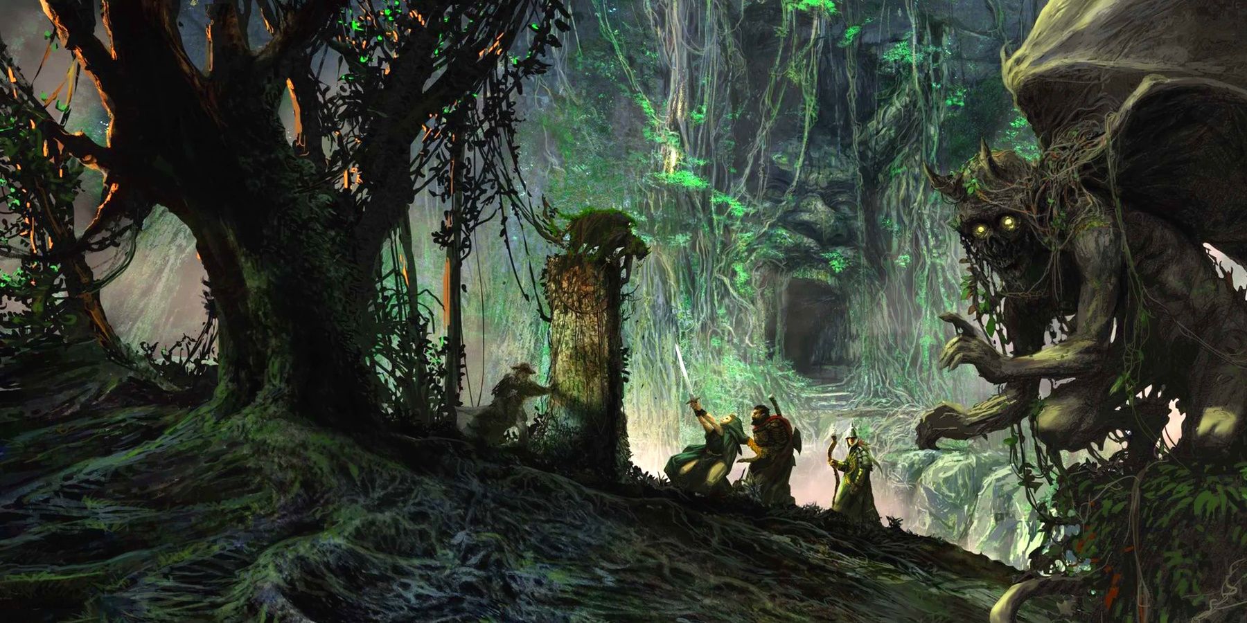 The concealed entrance to the Tomb of the Nine Gods with an adventuring party discovering the obelisk in the thick jungle