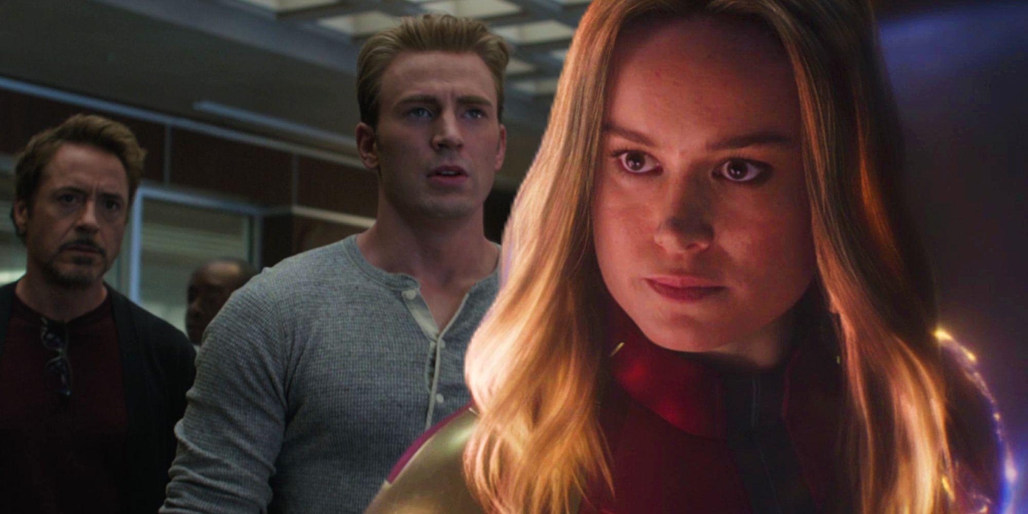 Tony Stark, Steve Rogers, and Carol Danvers Captain Marvel in Avengers Endgame