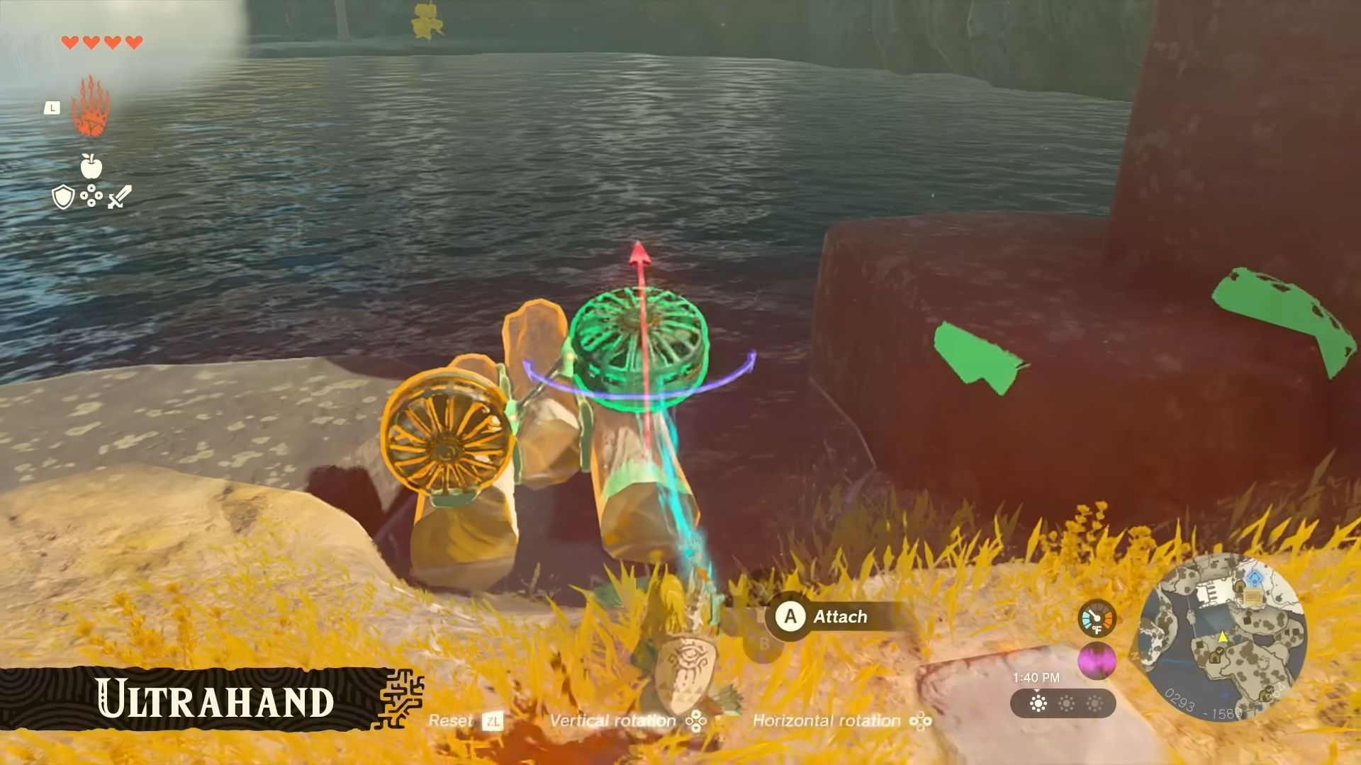 Link using Ultrahand in Tears of the Kingdom to build a raft.
