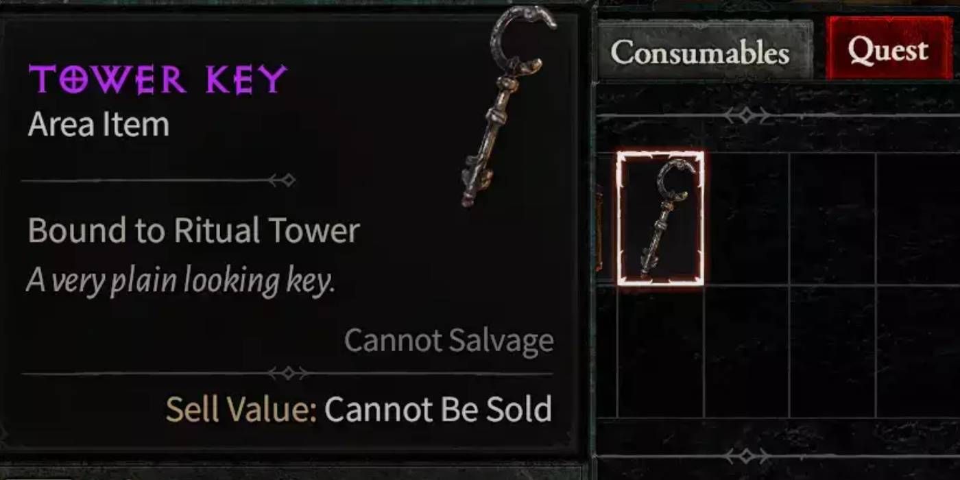 Diablo 4 Beta Tower Key Area Item that Cannot be Salvaged or Sold and is Bound to the Ritual Tower Location