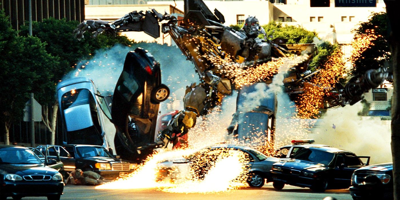 A Decepticon blasts through cars in Transformers.