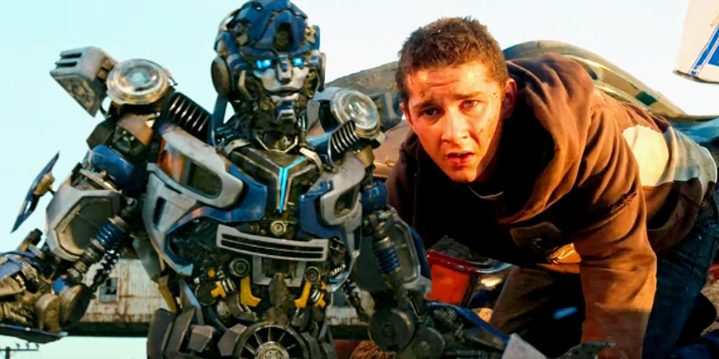 Imagen personalizada de un Transformer de Transformers: Rise of the Beasts y Shia LaBeouf en Transformers de 2007.