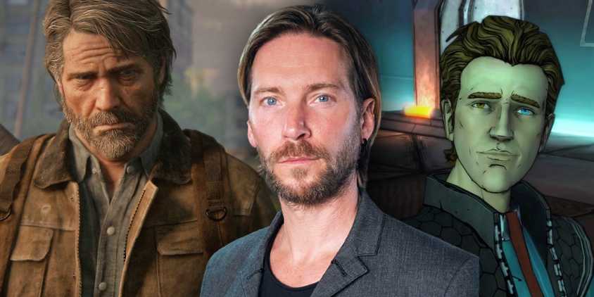 Troy Baker pictured next to his character Joel and Rhys.