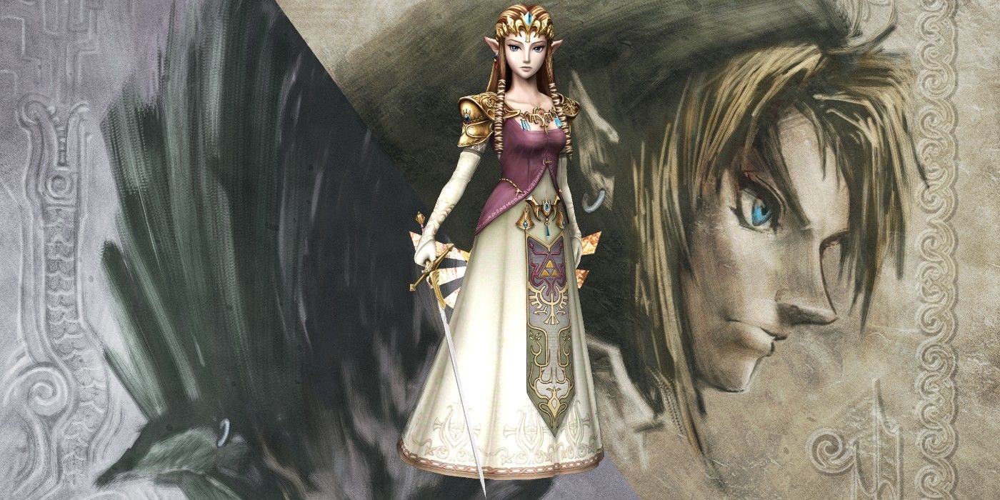 Princess Zelda with a background of artwork for The Legend of Zelda: Twilight Princess.