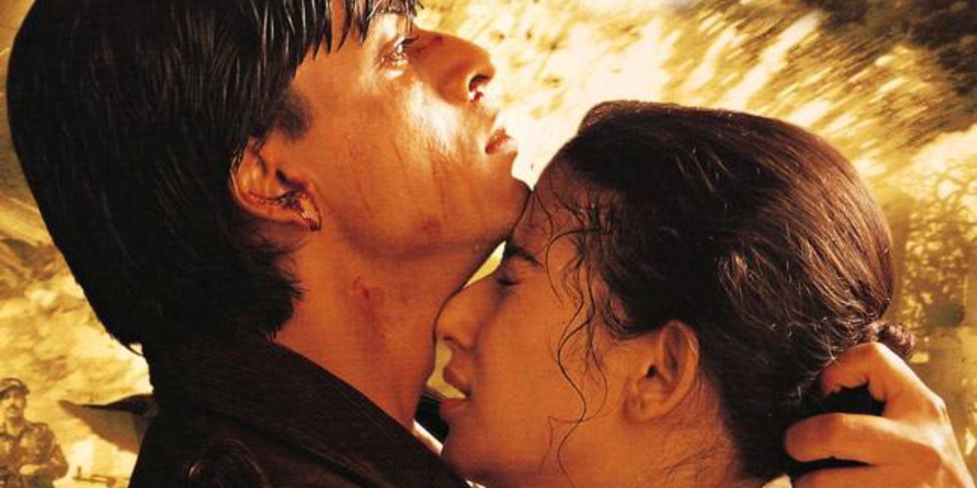 Two characters embracing in Dil se