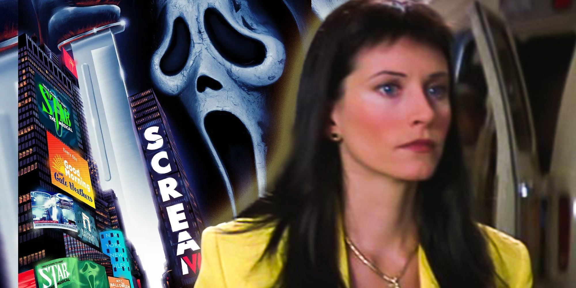 Ghostface with New York City in Scream 6 art with Courteney Cox as Gale in Scream 3