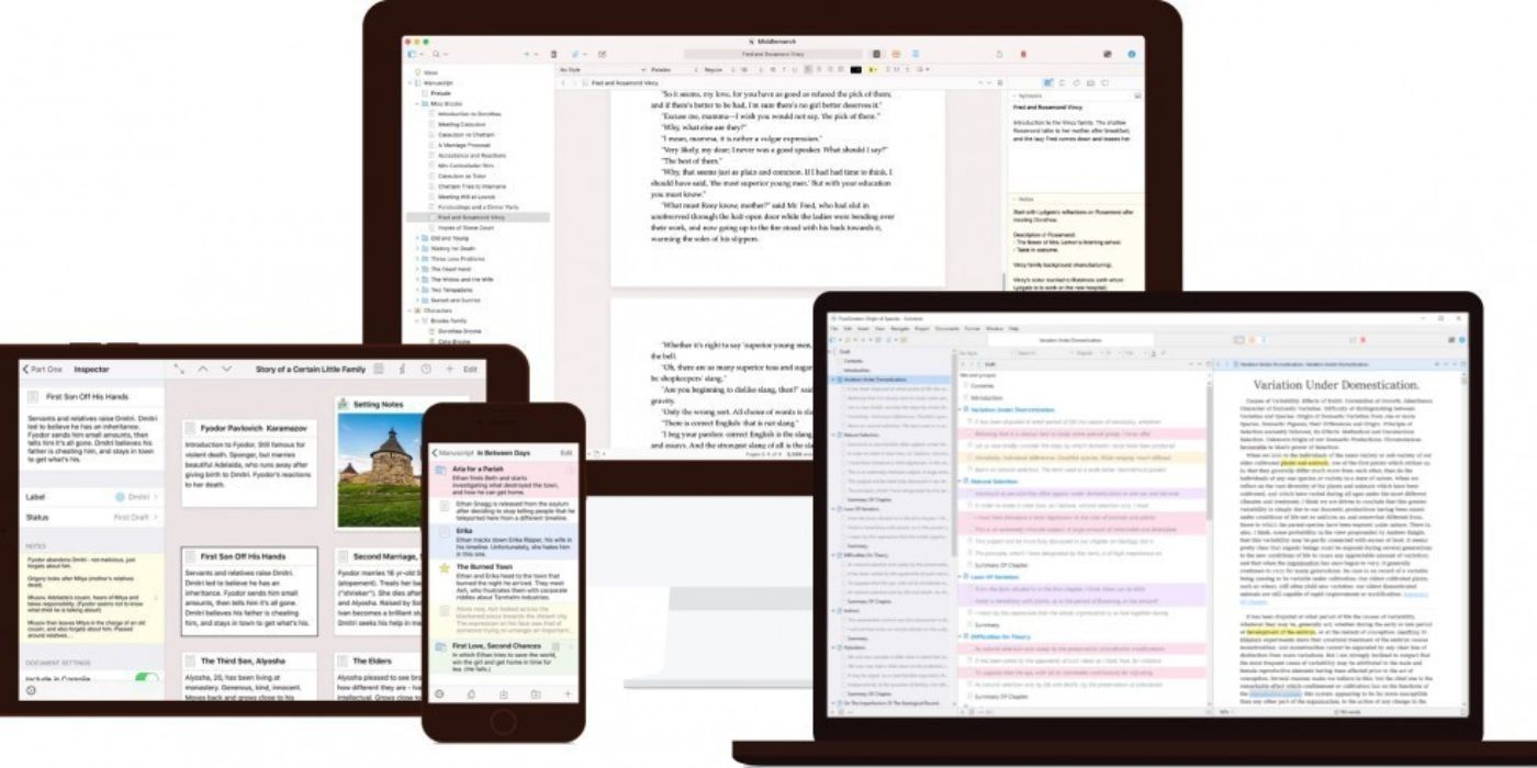 Scrivener app displaying on mobile, tablet, and other devices