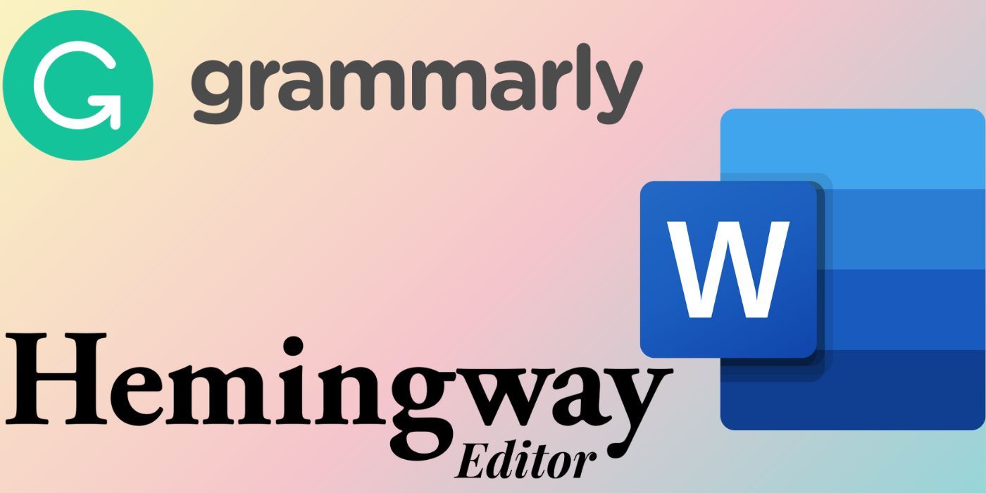 Logos of Grammarly, Word, and Hemingway Editor over a gradient background 