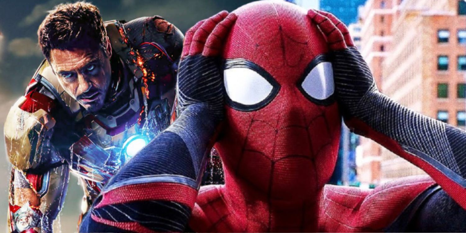 Split Image of Iron Man 3 Poster and Spider-Man reacting to his identity being revealed in Spider-Man: Far From Home