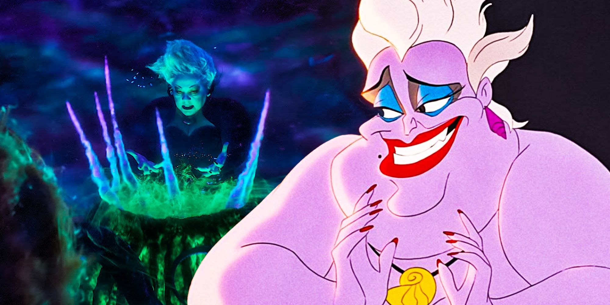 A blended image features Melissa McCarthy in the live-action The Little Mermaid as Ursula and the animated version of the banished sea witch Ursula