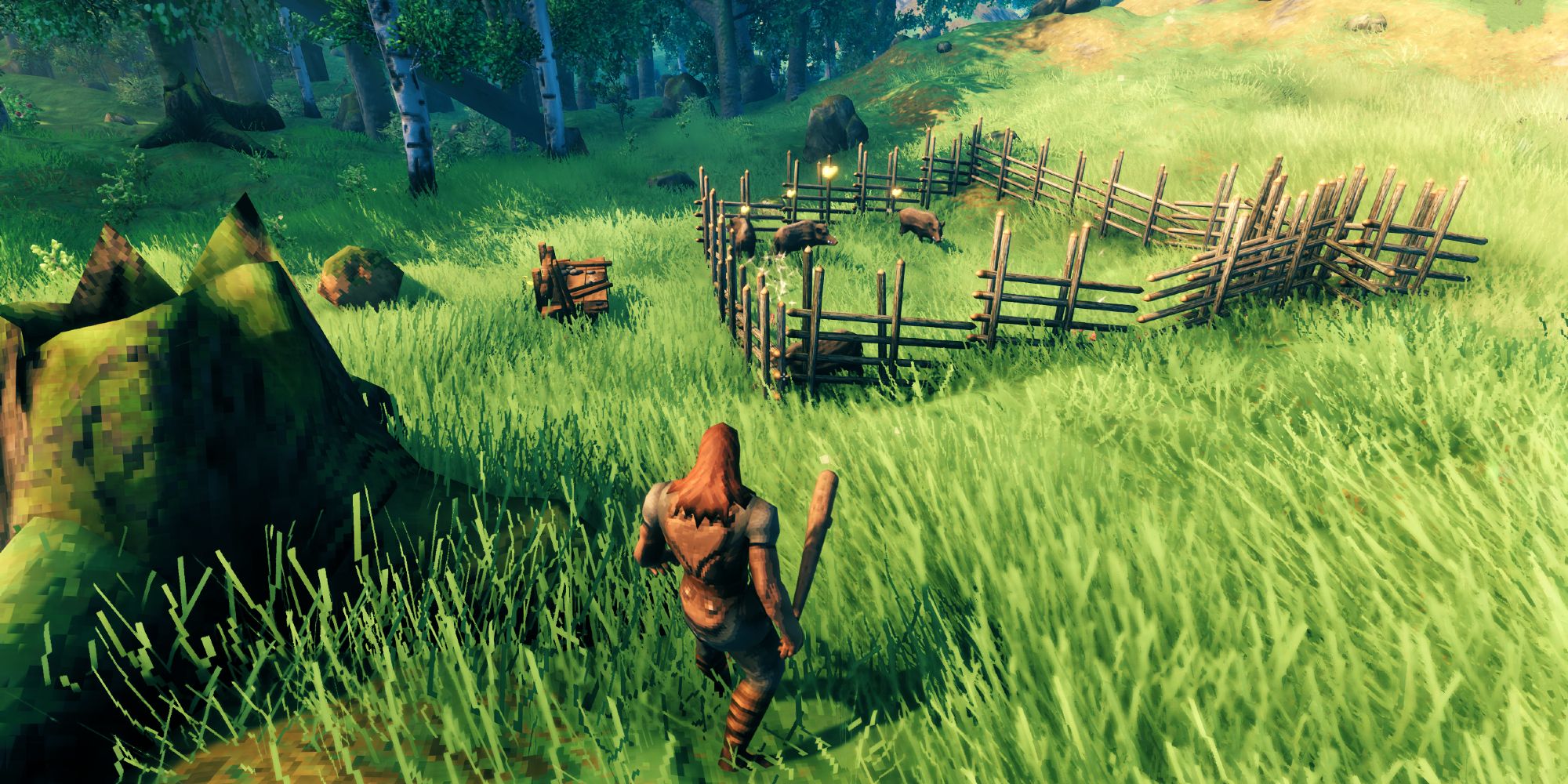 Valheim Male Player Looking At Leather Scraps Farm Pen With Domesticated Boars