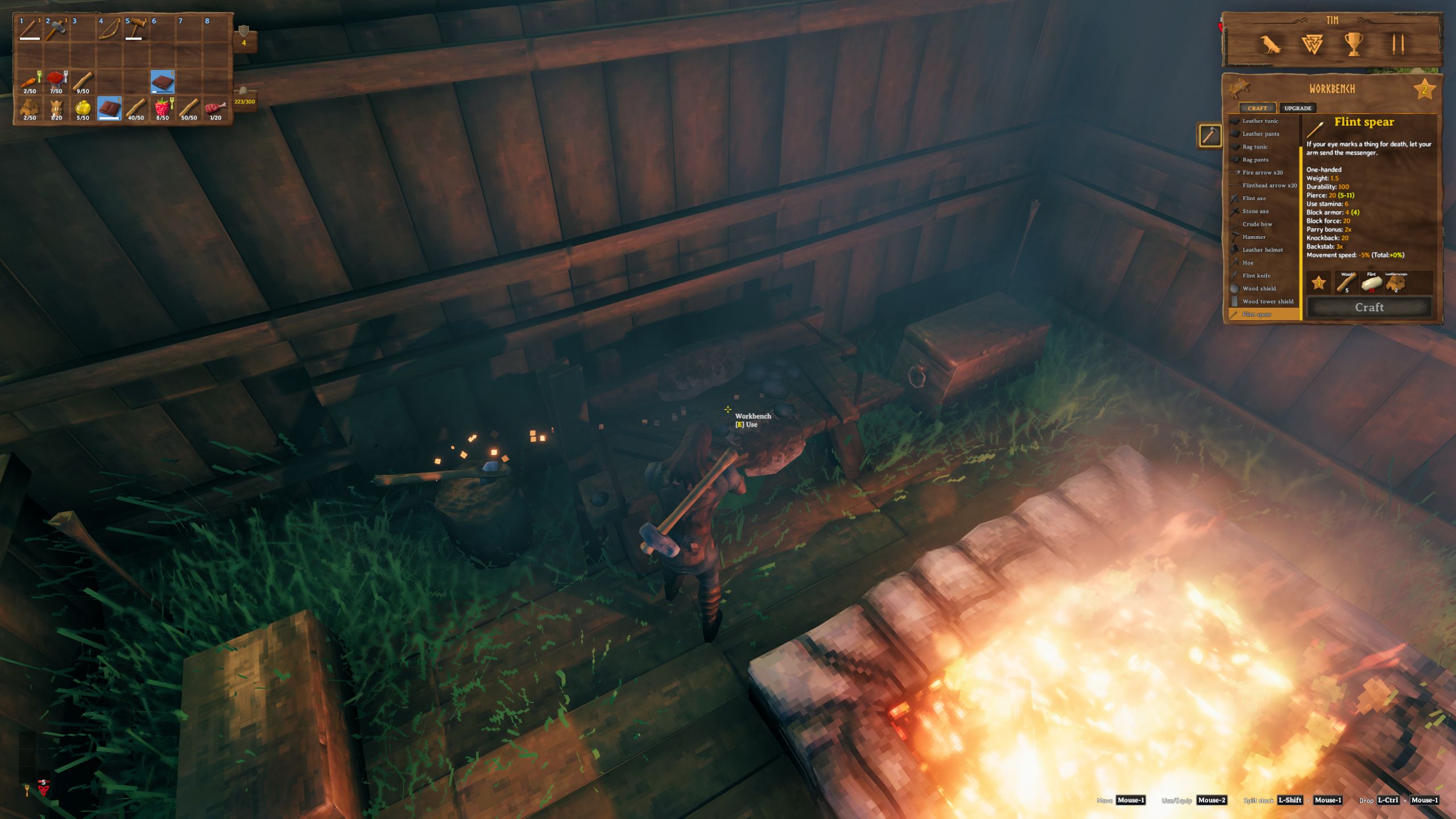 Valheim Male Player Using Workbench With Chopping Block Upgrade Indoors
