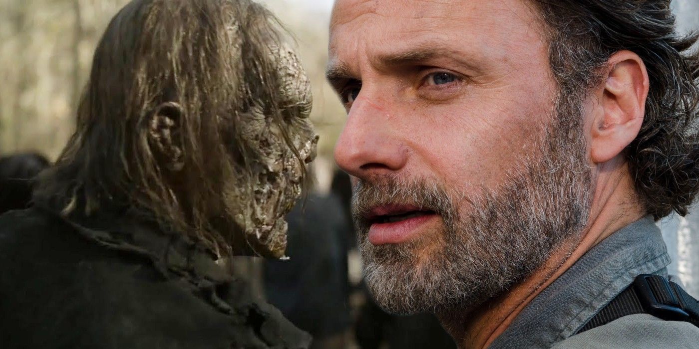 Variant zombie and Andrew Lincoln as Rick Grimes in Walking Dead