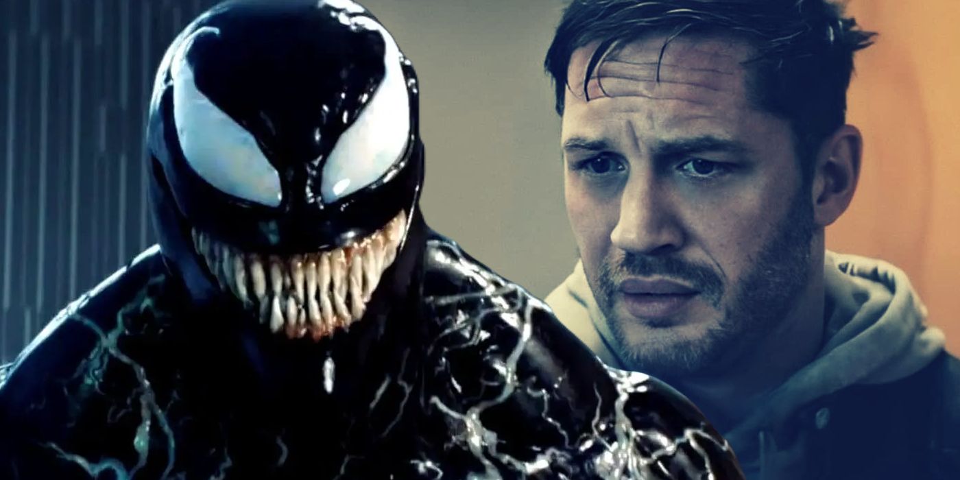 Split Image: Venom stands with bared teeth; Eddie Brock (Tom Hardy) looks sad