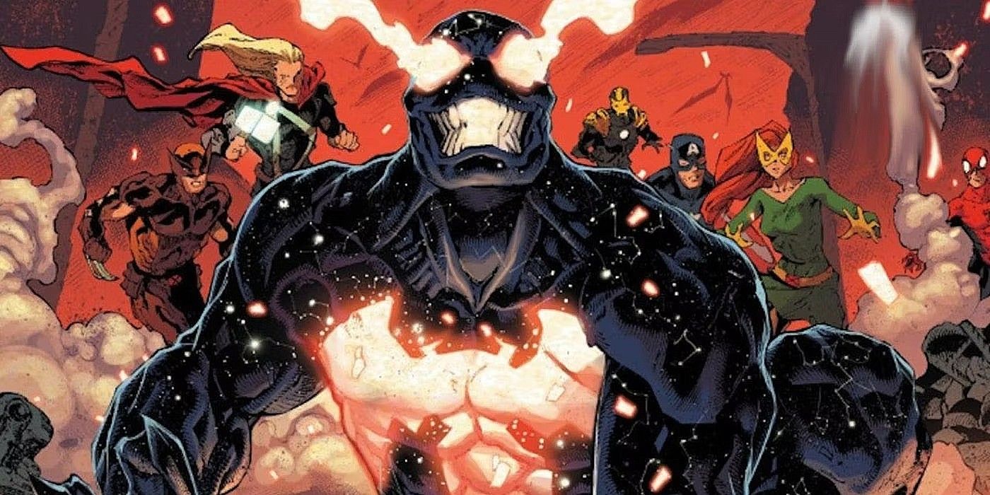 Venom as the King in Black (foreground); various Marvel heroes in background