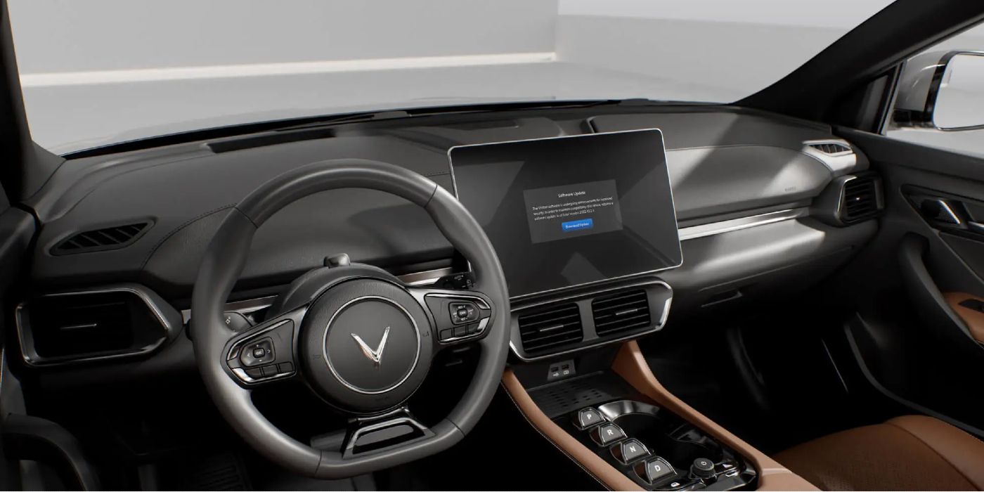 VF8's infotainment system with the steering wheel in view