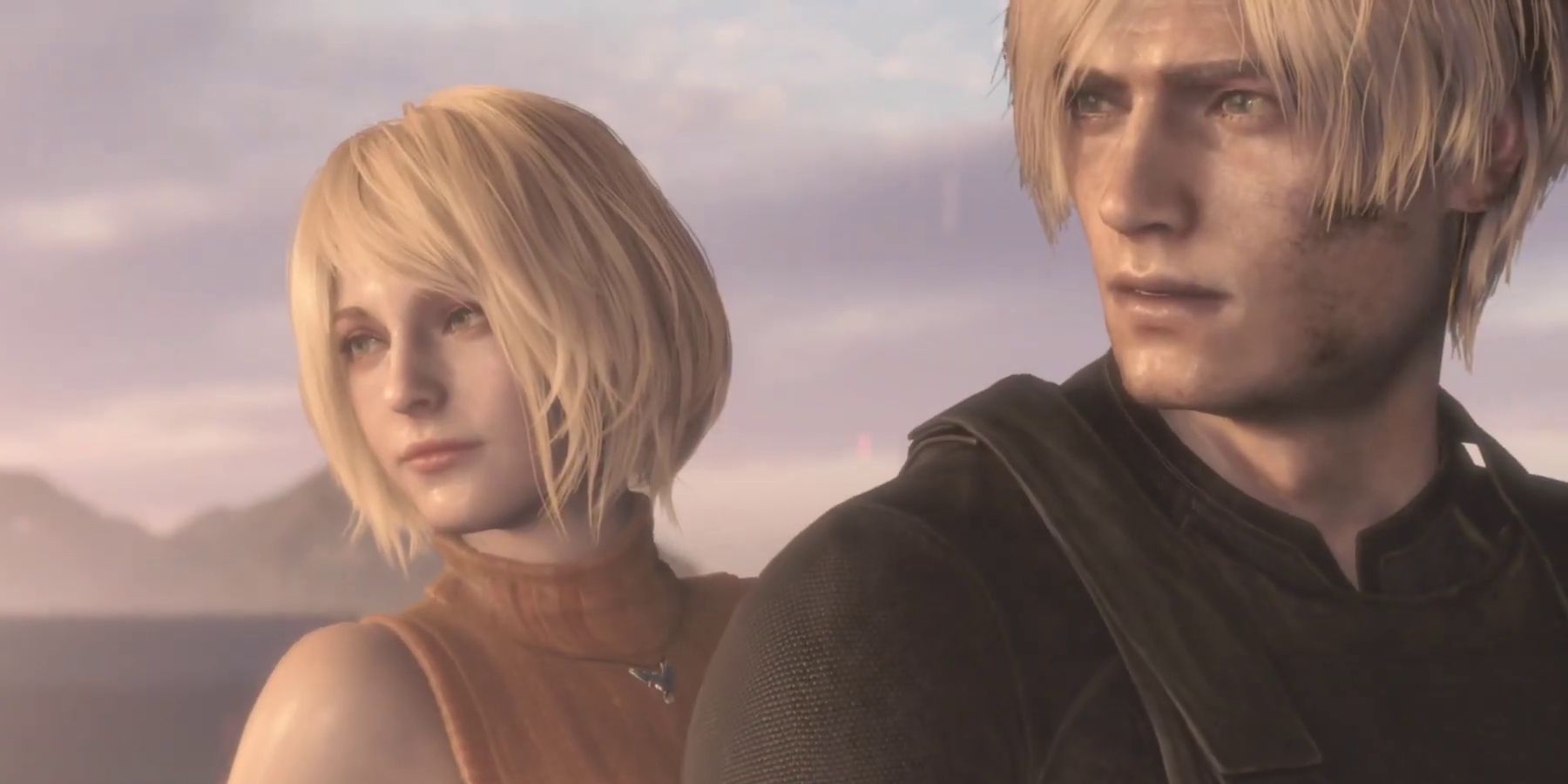 Before a colorful sunrise, Ashley and Leon look back with a relieved expression at the end of the Resident Evil 4 remake.