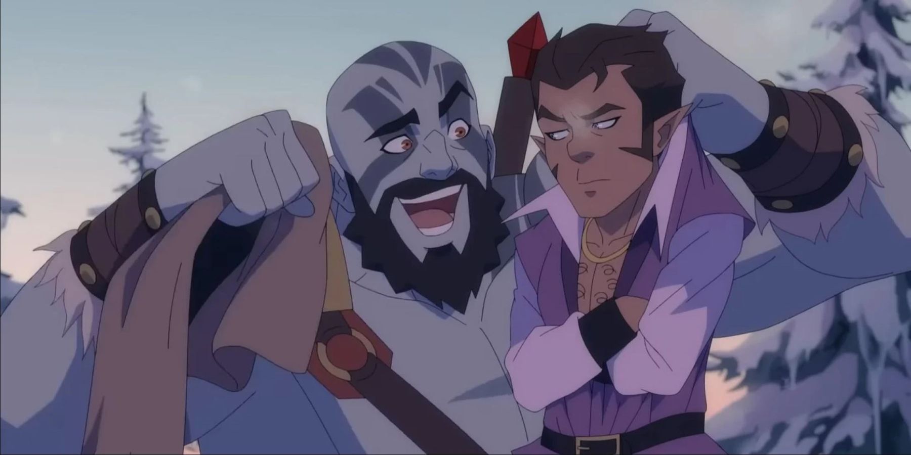 Still image of goliath barbarian Grog holding up gnome bard Scanlan in The Legend of Vox Machina