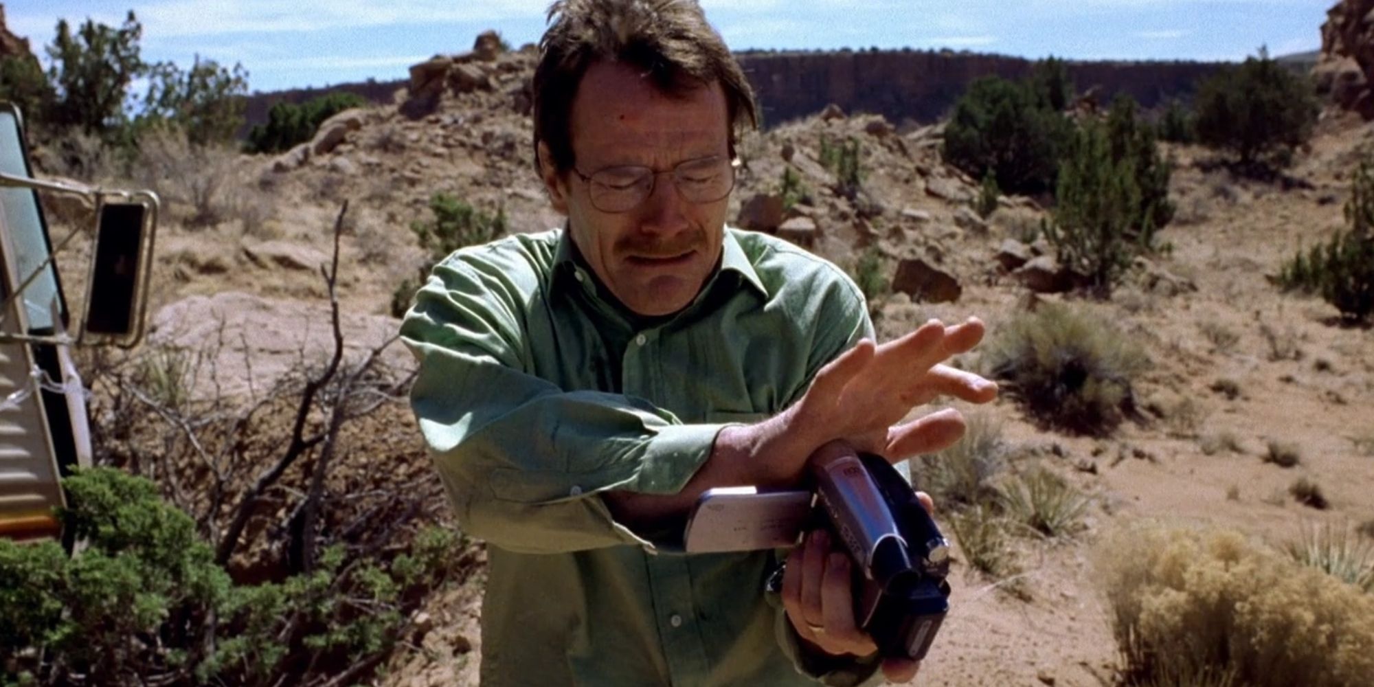 Walter White with the video camera in the opening scene of Breaking Bad
