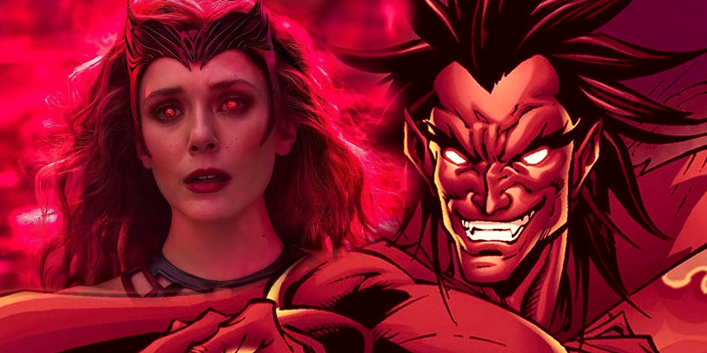 Split Image of Wanda Maximoff (Elizabeth Olsen) becoming the Scarlet Witch in WandaVision; Mephisto in Marvel Comics