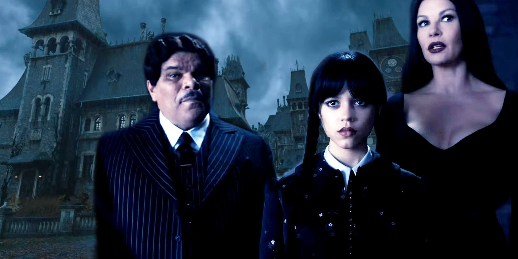 Gomez, Morticia, and Wednesday Addams with the Nevermore Academy in the background