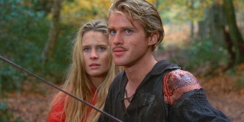 Westley protecting ʙuттercup and holding a sword in the forest in The Princess Bride.