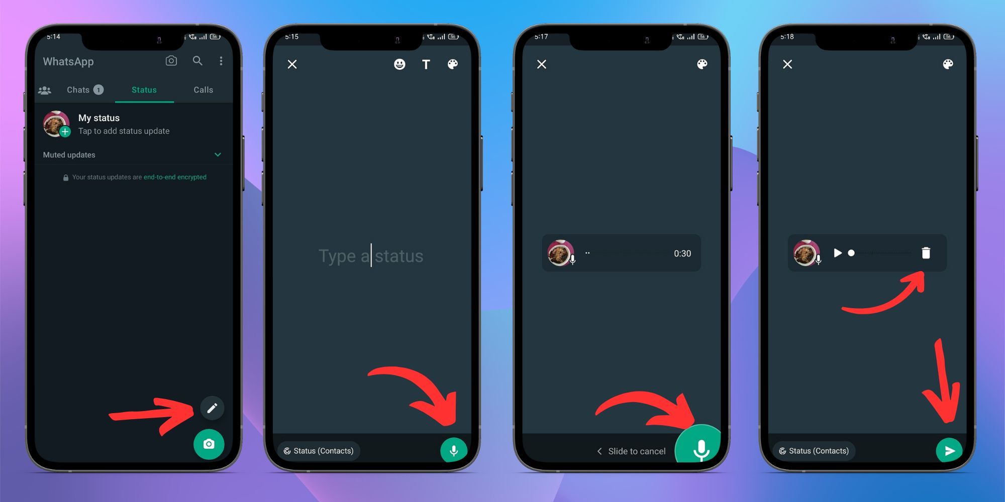 Tangkapan layar cara menggunakan fitur Status Suara WhatsApp.
