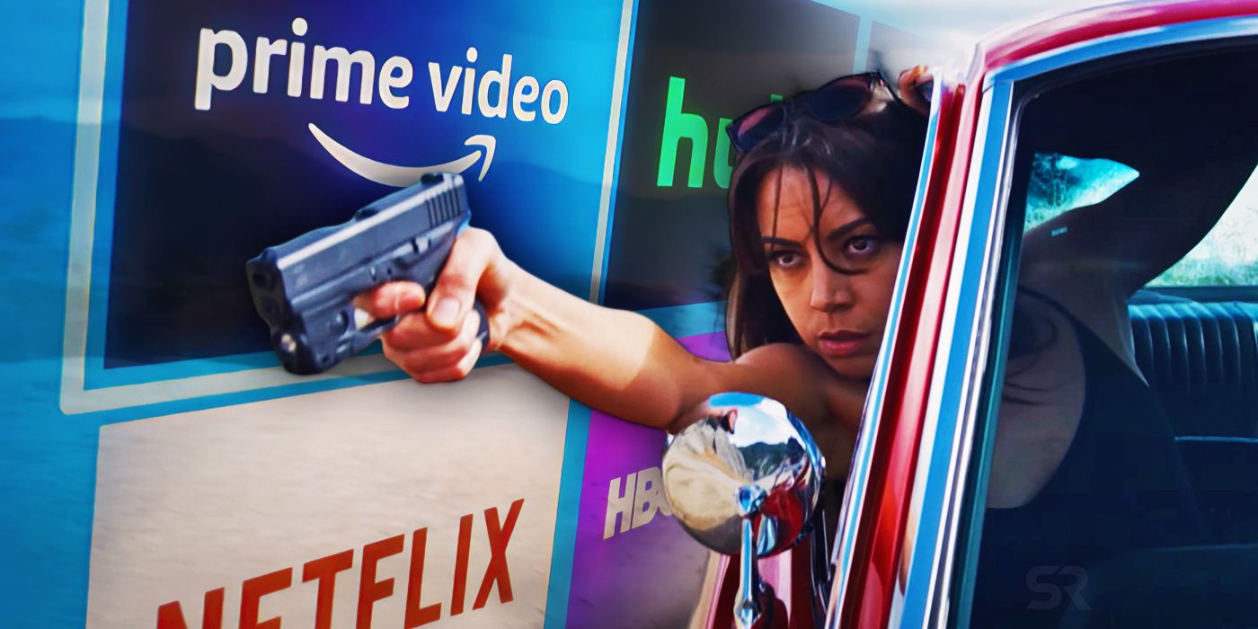 Aubrey Plaza in Operation Fortune with streaming service logos