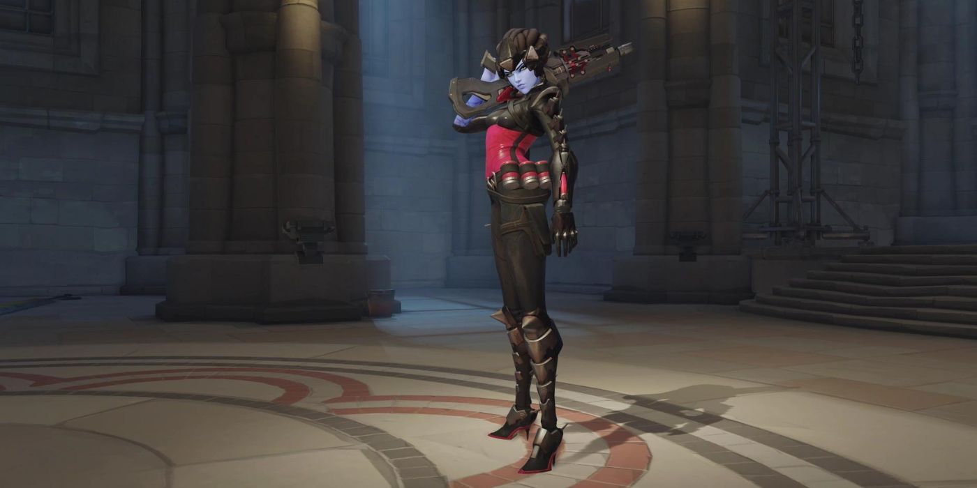 The Widowmaker Noire skin showcased against a background of the Kings Row spawn room in Overwatch.