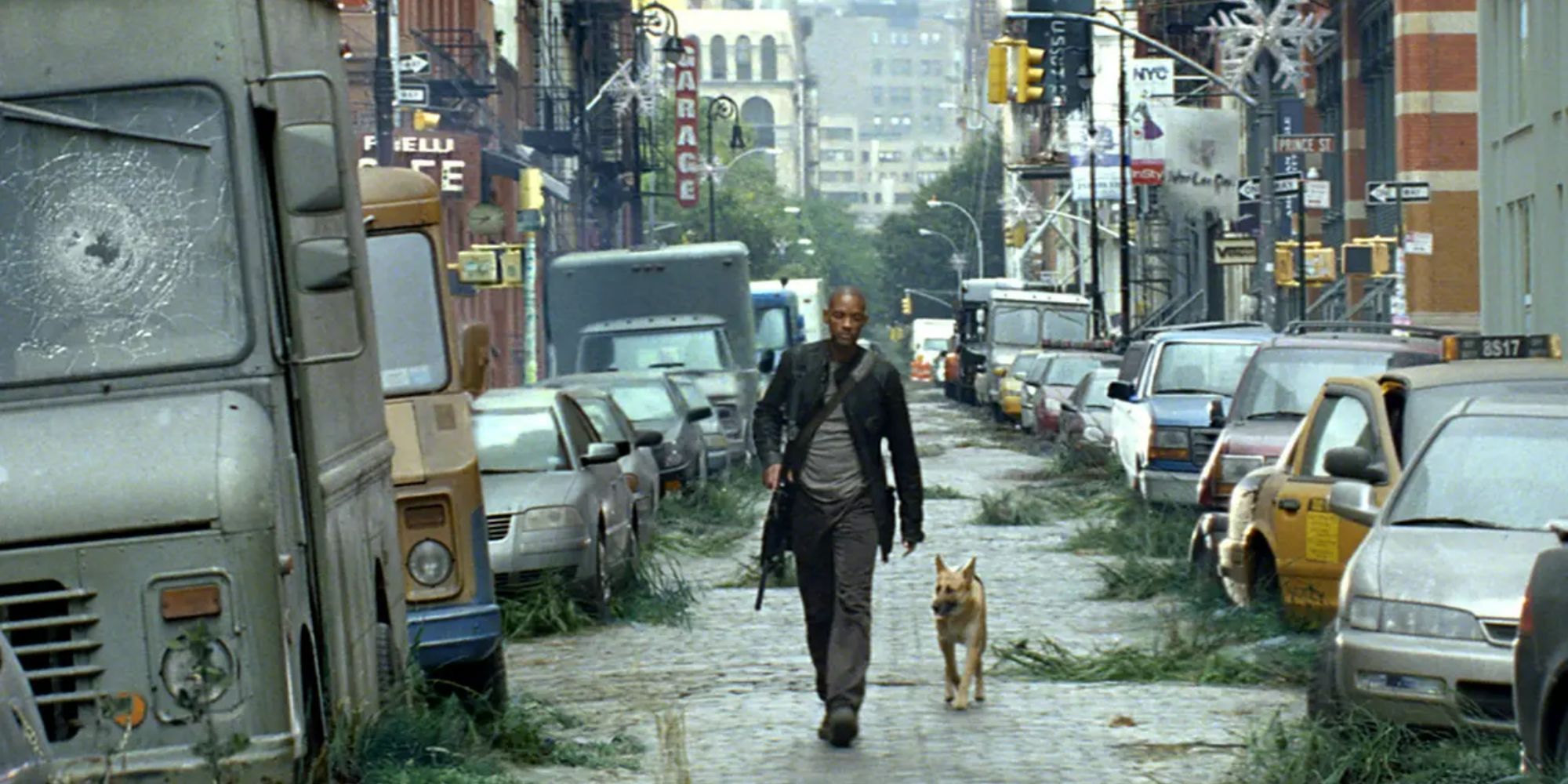 Will Smith walking through an abandoned town in I Am Legend