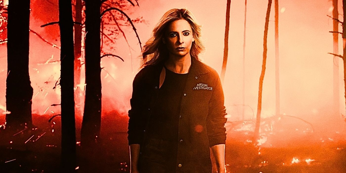 Sarah Michelle Gellar in front of a firey tree line in Wolf Pack
