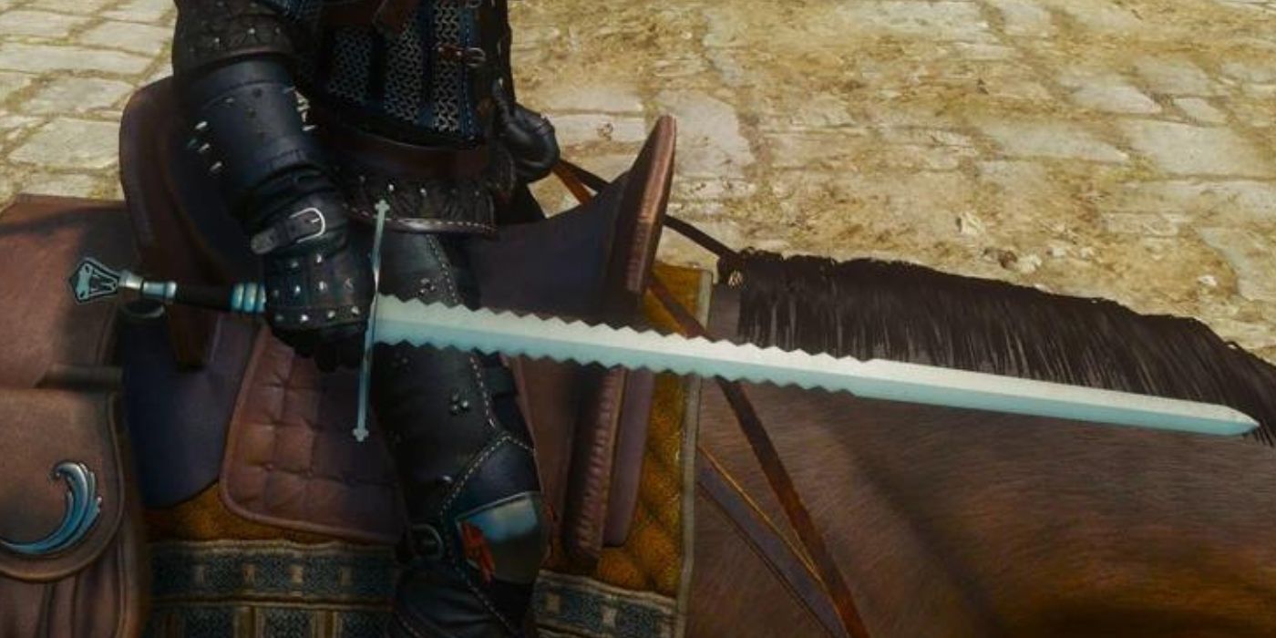 A shot of Geralt holding the Belhaven Blade while on horseback in Witcher 3.