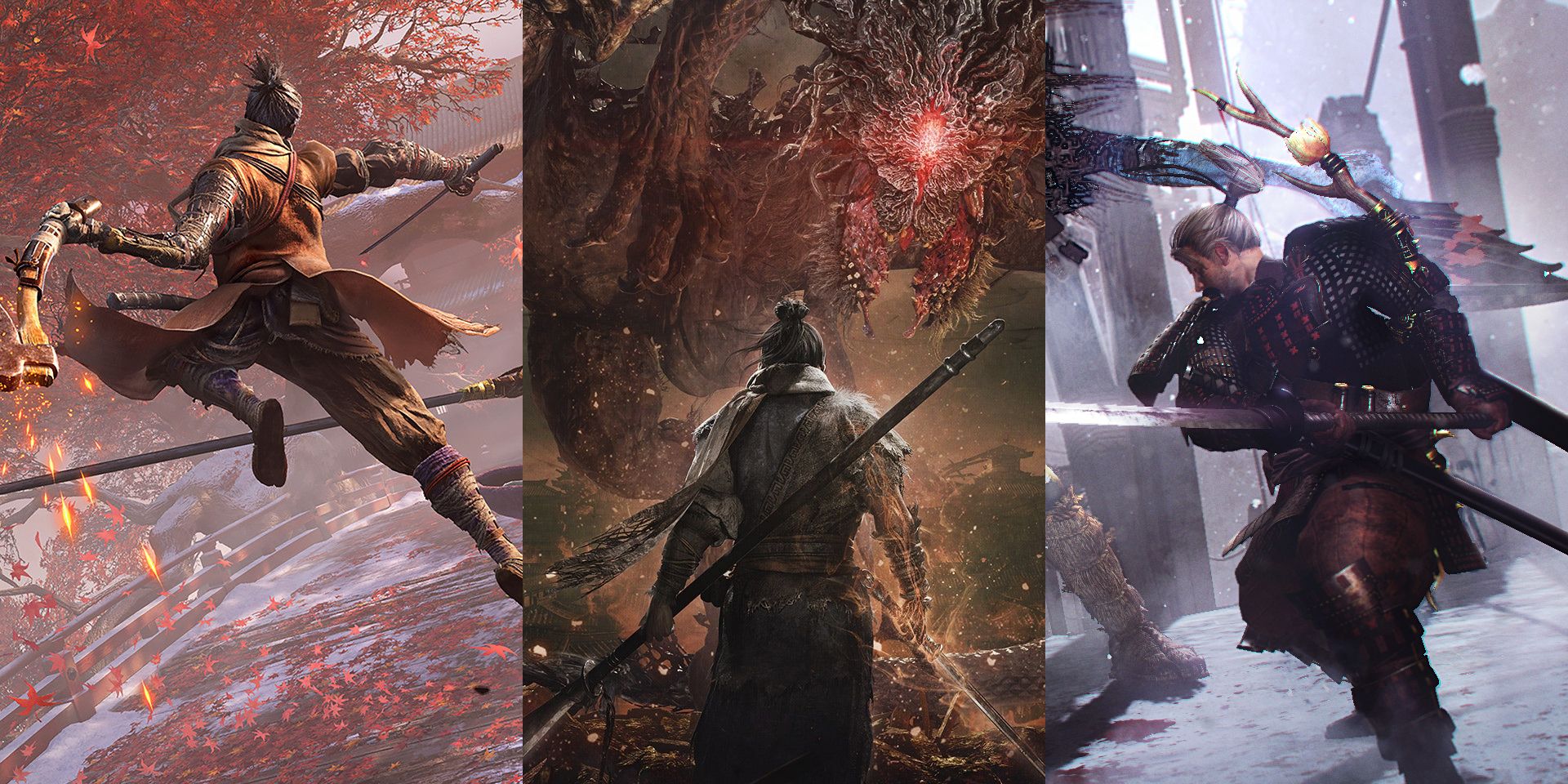 A collage incorporating images of the respective protagonists of Sekiro: Shadows Die Twice, Wo Long: Fallen Dynasty, and Nioh in battle.