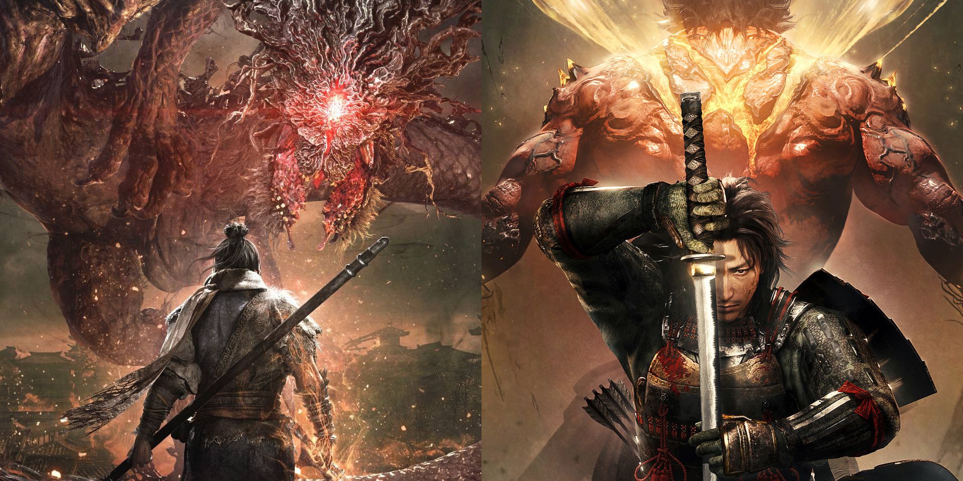 Cover art for Wo Long: Fallen Dynasty on the left, depicting a man with a weapon facing away from the camera against a dragon, and Nioh 2 on the right, depicting a man facing the camera and drawing a katana, back-to-back with a muscled demon.