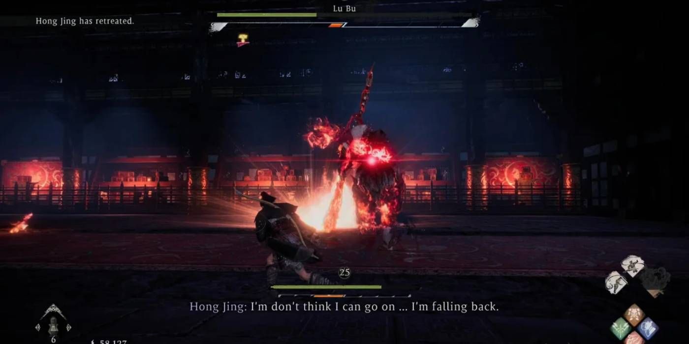 Wo Long: Fallen Dynasty Demon Lu Bu Boss utilisant une attaque de hallebarde enflammée que les joueurs ne devraient pas essayer de parer