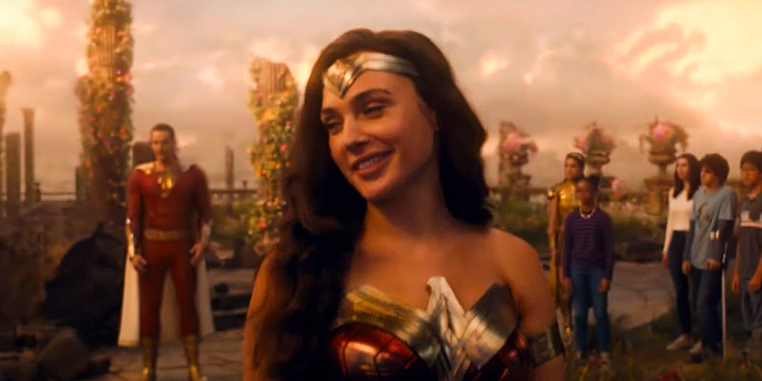 Wonder Woman alejándose de Billy y la familia Shazam en Shazam Fury of the Gods