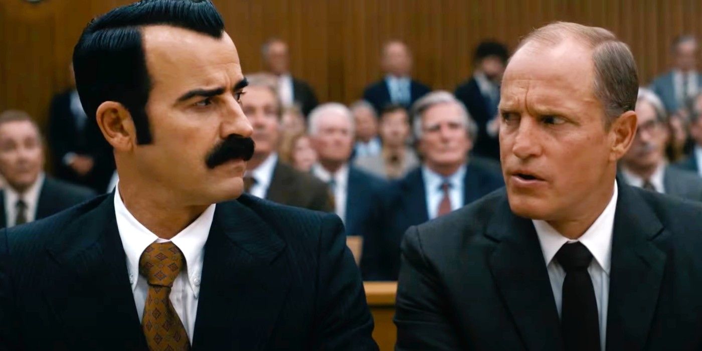 Woody Harrelson and Justin Theroux looking at each other in court in White House Plumbers