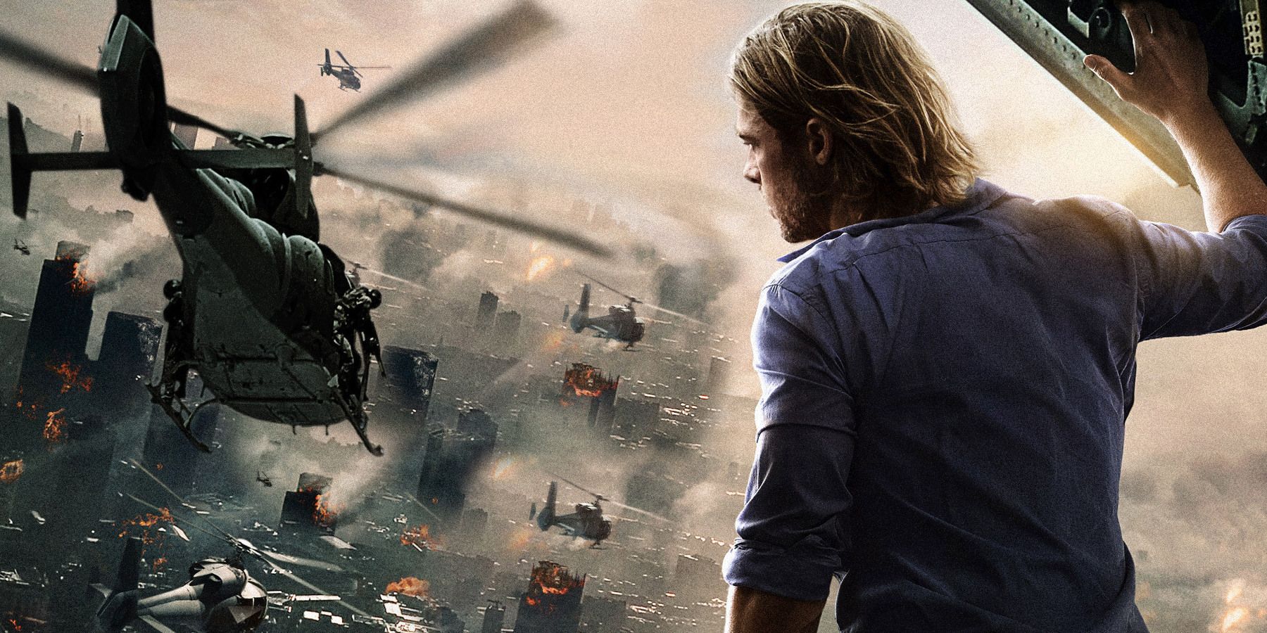 Brad Pitt looking at ruined city from a helicopter in World War Z 2 poster.